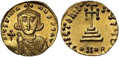 Ancient Coins Justinian II (A.D. 685-695), gold Solidus, mint of Constantinople, D IUSTINIANUS PE AV, crowned bust facing, wearing a chlamys, holding a globus cruciger, rev. VICTORIA AVGU B, cross pot