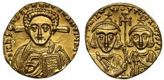 Ancient Coins Justinian II & Tiberius (A.D. 705-711), gold Solidus, mint of Constantinople, O N IhS ChS REX REGNANTIUM, facing bust of Christ, a cross behind head, wearing a pallium and colobium, rais