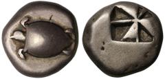 Ancient Coins Islands off Attica, Aigina, silver Stater, c. 525-500 BC, turtle, rev. incuse square with windmill pattern, 12.05g (Meadows, Aigina, Group III). Cabinet tone, good very fine. Provenance: