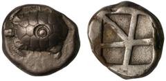 Ancient Coins Islands off Attica, Aigina, silver Stater, c. 456-431 BC, tortoise with segmented shell, countermark on shell, ΓA graffiti in field, rev. incuse square with windmill pattern, 12.38g (Mea