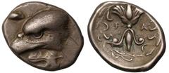 Ancient Coins EX BCD COLLECTION: Elis, Olympia, silver Hemidrachm, c. 416-404 BC, eagle's head left, large ivy leaf below, graffiti ΔΑ in lower right field, rev. thunderbolt with wings above and volut