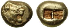 Ancient Coins Lydia, uncertain king, before 561 BC, electrum 1/3 Stater, head of lion roaring right, rev. incuse punch, 4.73g (Weidauer 86; BMC Lydia pg. 2, 2; Boston MFA 1764; Rosen 655). Good very f