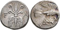 ANCIENT COINS GREEK COINS GREECE. ELIS. Olympia. Drachm circa 250-210 BC. Eagle flying right grasping hare in its talons // F – A Thunderbolt. BCD 238 Olympia; Dewing 1096. 4.75 g. Worn obv. die, othe