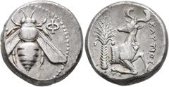 ANCIENT COINS GREEK COINS ASIA. IONIA. EPHESUS. Tetradrachm circa 360 BC. Bee with straight wings seen from above // Forepart of stag; behind, palm tree with two clusters of dates. In the right field 