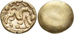 ANCIENT COINS CELTIC COINS GAUL. Ambiani. Gold Stater circa 100-50 BC. Gallic War issue. Large disjointed horse right; above, pellets and ornament; below crescent above pellet; lozange ornaments to le