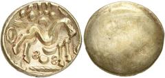 ANCIENT COINS CELTIC COINS GAUL. Ambiani. Gold Stater circa 60-30 BC. Gallic War issue. Large disjointed horse right; above, pellets and ornament; below crescent above pellet between S - S; lozange or