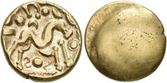 ANCIENT COINS CELTIC COINS GAUL. Ambiani. Gold Stater circa 60-30 BC. Gallic War issue. Large disjointed horse right; above, pellets and ornament; below crescent above pellet between S - S; lozange or