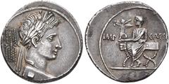 ANCIENT COINS ROMAN COINS ROMAN EMPIRE. Octavian, 32-29 BC. Denarius circa 29-27 BC, uncertain Italian mint (Brundisium or Rome ?). Laureate bust of Augustus as Jupiter Terminus right; thunderbolt beh