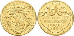 SCHWEIZER MÜNZEN & MEDAILLEN SCHWEIZER MÜNZEN BERN, STADT. Dukat 1697, Bern. BENEDICTUS SIT IEHOVA. Gekröntes Berner Wappen. Die Umschrift ist über dem Wappen durchgehend // RESPUBLICAE BERNENSIS DUCA