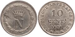 World coins Italie, Règne d'Italie, Napoléon Ier 10 centesimi 1808 M (Milan) Billon - 2,02 grs - 18 mm G.197 TTB+ RRR Monnaie rare (tirage : 642 exemplaires). Aspect nettoyé. Fines rayures dans le mét