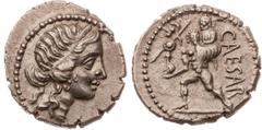 Roman coins Jules César - Denier (Afrique) R/ CAESAR Argent - 3,79 grs - 18 mm RSC.12 / BMC.31 / RCV.1402 SUP+ / SUP RR Superbe exemplaire de ce rare denier de Jules César. L'avers est légèrement déce