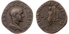 Roman coins Maxime - Sesterce (Rome) A/ MAXIMVS CAES GERM R/ PRINCIPI IVVENTVTIS/ S/ C Bronze - 17,96 grs - 29,5 mm C.14 / RIC.13 TTB Bel exemplaire légèrement brillant sur les reliefs. Quelques fines