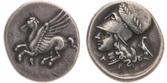 Greek coins Corinthie, Corinthe - Statère A/ Pégase volant à gauche, une koppa en dessous. R/ Tête d'Athéna à gauche coiffée d'un casque corinthien lauré. Derrière, un aigle. Lettres A et P. Argent - 