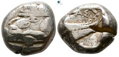 Greek Lycia. Phaselis 500-440 BC. Stater AR 19mm., 10,95g. Prow of galley left in the form of a forepart of a boar / [Φ]ΑΣ, stern of galley right within incuse square. nearly very fine, test cut on re