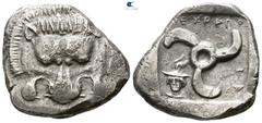 Greek Dynasts of Lycia. Mithrapata circa 390-370 BC. Stater AR 24mm., 9,61g. Facing lion scalp / [M]EXPAΠA-TA, triskeles, to left, head of Hermes facing slightly left, wearing petasos and drapery at n