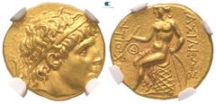 Greek Seleukid Kingdom. Khanoum. Antiochos II Theos 261-246 BC. NGC MS Strike 4/5 - Surface 4/5. Stater AV 19mm., 8,53g. Diademed head of Antiochos I right / [Β]ΑΣΙΛΕΩΣ / [Α]ΝΤΙΟΧ[ΟΥ], Apollo Delphios