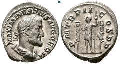 Roman Imperial Maximinus I Thrax AD 235-238. Rome Denarius AR 19mm., 3,53g. MAXIMINVS PIVS AVG GERM, laureate, draped, and cuirassed bust right / P M TR P II COS P P, Maximinus standing left between t