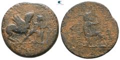 Roman Provincial Corinthia. Corinth. Pseudo-autonomous issue circa 43-2 BC. P. Tadius Chilo and C. Iulius Nicephorus, duoviri As Æ 22mm., 5,20g. Bellerophon advancing right, head left, leading Pegasus