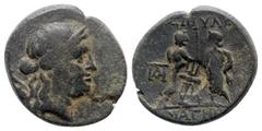 Greek Lydia. Magnesia ad Sipylos circa 200-0 BC. Bronze Æ 17mm., 3,54g. Head of Artemis right, wearing stephane, bow and quiver behind neck / ΣIΠYΛO[...] MAΓNH[...], Zeus, bare to waist, standing left
