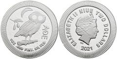 Münzen und Medaillen Welt Niue, Elizabeth II. Niue. 2 Dollars, 2021. Eule von Athen, 1 Unze 999er Silber 31,26 g stfr
