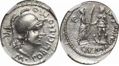 Ancient Coin Ancient Coin. NGC Ch AU Strike:5/5 Surface:2/5 brushed. AU. 45BC. Silver. Denarius. Roman-Empire Pompeius Magnus (Son of Pompey) Silver Denariu