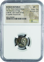 Ancient Ancient Coin-Roman Republic; Caius Vibius Pansa Silver Denarius. 48. NGC XF. EF. 3.72g. . .