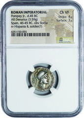 Ancient Ancient Coin-Roman Empire; Pompey Jr Silver Denarius. 45. NGC Ch XF. VF. 3.59g. . .