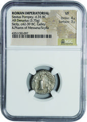 Ancient Ancient Coin-Roman Empire; Sextus Pompey Silver Denarius. 35. NGC VF. F-VF. 3.75g. . .