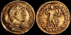 ANCIENT COINS ROMAN Valentinian I 364-375AD AV Solidus (4.23g) Antioch mint 10th officina struck 366AD. Rosette diademed draped & cuirassed bust right rev Valentinian standing right holding labarum wi