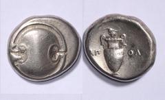 ANCIENT COINS GREEK COINS Boeotia, Thebes c363-338BC AR stater (12.15g) Apol-, magistrate. Boeotian shield, rev Amphora, grape bunch on vine above within incuse concave circle. aVF/gVF. cf S-2398-2400