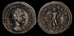 ANCIENT COINS ROMAN COINS Macrinus 217-218AD AR Denarius (3.44g) Rome 1st emission 217AD. Laureate & cuirassed bust right, rev Jupiter standing left holding thunderbolt & sceptre, small figure of Macr