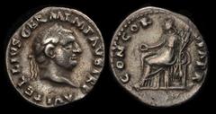 ANCIENT COINS ROMAN Vitellius 69AD AR Denarius. Rome April-May 96AD. Laureate head right, rev Concordia seated left holding patera & cornucopiae. VF. Cf S-2196, RSC-18. Rare as Vitellius was emperor o