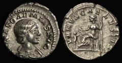 ANCIENT COINS ROMAN Julia Soaemias daughter of Julia Maesa died 222AD AR Denarius Rome 220AD. Draped bust right rev. Venus enthroned left holding apple & sceptre, child standing at her feet. S-7720 gV