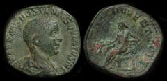 ANCIENT COINS ROMAN Hostilian 251AD AE Sestertius (18.23g) Rome 251AD. Draped bust right rev Apollo seated left holding laurel branch & resting left arm on a lyre. Green patina, struck on small flan V