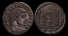 ANCIENT COINS ROMAN Maxentius AD 306-312 AE Follis, Aquileia Mint, rev ONSERVATORES KARY SVAE, hexastyle temple, X in pediment, rev Roma seated left, holding globe & septre. cf RIC VI 12a. EF, minor r