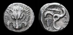 Greek DYNASTS OF LYCIA: Perikles (c. 380-360 BC), AR 1/3 Stater/tetrobol. Uncertain mint, possibly Phellos, 3.08g, 15mm. Rare. Obv: Facing scalp of lion. Rev: Triskeles; above, dolphin right; to lower