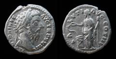 Roman Imperial Marcus Aurelius (161-180), AR denarius, issued 168-69. Rome, 3.56g, 17.6mm. . Obv: M ANTONINVS AVG TR P XXIII, laureate head right. Rev: SALVTI AVG COS III, Salus standing front, head l