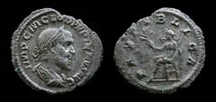 Roman Imperial Pupienus (238), AR Denarius. Rome, 2.26g, 20mm. Obv: IMP C M CLOD PVPIENVS AVG Laureate, draped and cuirassed bust of Pupienus to right, seen from behind. Rev: PAX PVBLICA Pax seated le