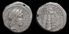 Roman Republican and Imperatorial Q. Sicinius and C. Coponius, 49 BCE, AR Denarius. Military mint moving with Pompey, 3.52g, 18mm. Obv: Q SICINIVS; Diademed head of Apollo right; III VIR behind; XVI b