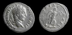 Roman Imperial Caracalla (198-217) AR denarius, struck 210-11. Rome, 3.42g, 17-19mm. Obv: ANTONINVS PIVS AVG BRIT, Laureate head right Rev: VICTORIAE BRIT, Victory advancing right, holding trophy with
