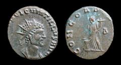 Roman Imperial Quintillus (270) Antoninianus. Rome, 2.68g, 17.5mm. Obv: Radiate and draped bust r. Rev. Concordia standing l., sacrificing over altar and holding double cornucopiae. C 17. RIC 13. From