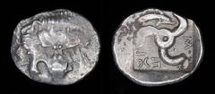 Persian / Parthian / Sasanian etc. DYNASTS of LYCIA: Mithrapata (c. 390-370), AR Sixth Stater (Diobol). 1.2g, 13.6mm. Obv: Lion scalp facing. Rev: Triskeles; dolphin in one section, legend around; all