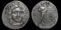 Greek SATRAPS OF CARIA: Pixodaros (C. 340-335 BCE) AR Didrachm. Halikarnassos, 6.82g, 20mm. Obv: Laureate head of Apollo facing three-quarters to the right. Rev. ΠIΞΩΔAΡOΥ Zeus Labraundos standing rig
