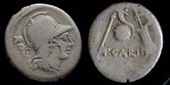 Roman Republican and Imperatorial Titus Carisius, AR Denarius, issued 46 BCE. 3.33g, 18mm. Obv: Head of Roma right, wearing Attic helmet with plume on each side Rev: T•CARISI; Scepter, cornucopiae on 