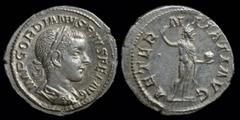 Roman Imperial Gordian III (238-244) AR denarius, issued 240-243. Rome, 2.76g, 20.5mm. Obv: IMP GORDIANVS PIVS FEL AVG; laureate, draped and cuirassed bust right Rev: AETERNITATI AVG, Sol, radiate and