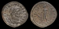 Roman Imperial Galerius as Caesar (293 - 305), AE follis, issued 296-7. Rome (7th off.), 9.83g, 27.5mm. Obv: MAXIMIANVS NOB CAES; laureate head right Rev: GENIO POPV-LI ROMANI; Genius, wearing modius,