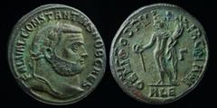 Roman Imperial Constantius I as Caesar (293-305), AE follis, issued 297-8. Alexandria (3rd off.), 10.40g, 27mm. Obverse: FAL VAL CONSTANTIVS NOB CAES; laureate head right; ties divergent Reverse: GENI