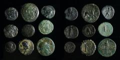 Pick-bin: Greek etc. Hellenistic AE group (9 coins): includes Amyntas III (eagle with snake), Kassander, Antigonos II Gonatas (Pan), Lysimacheia, Philip V, Demetrios I Poliorketes (shield w/ monogram/