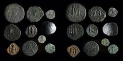 Pick-bin: Roman & Byzantine Byzantine group (10 coins): includes Justin I pentanummium, Justinian follis, Justin II and Sophia half follis, Maurice follis, Constans II follis, Leo VI follis, Alexius I
