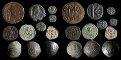 Pick-bin: Roman & Byzantine Byzantine group (11 coins): includes Anastasius half follis, Justin I pentanummium, Justinian follis (year 18 Nicomedia), Justin II pentanummium, Arab-Byzantine fals, anon 